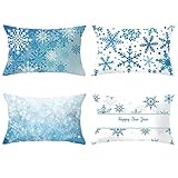 Whoiy Pillow Case Blue, Couchkissen Vintage 30X50cm Polyester Kissenbezug 4Er Set Schneeflocke Frohes Neues Jahr für Stuhl Sofa Wohnzimmer Schlafzimmer