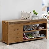 Rustikale Schuhaufbewahrungsbank im Eingangsbereich,Schuhregal aus Bambus,Schuhorganisator,braune Schuhbank im Landhausstil mit gepolstertem Sitz für den Eingangsschrank Wohnzimmer-A 102x29x
