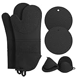 6Pcs Ofenhandschuhe und Topflappen-Sets, extra Lange hitzebeständige Silikon-Kochhandschuhe Ofenhandschuhe heiße Pads Topflappen zum Backen, Grillen, BBQ, Kochen