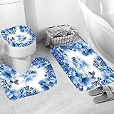 Badematten & Badteppiche Set 3 Teilig Blau Weiß Schmetterling Muster Badezimmerteppich und WC Vorleger mit Ausschnitt Waschbar rutschfeste Badvorleger Toilette Teppich (White, 3pc)