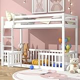 XPSSJMU Etagenbett mit rechtwinkliger mit Zäune und Türchen Kinderbett mit Fallschutz und Gitte Massivholz200x90cm weiß für Jungen Mädchen