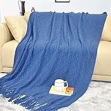Lifup Wohndecke Weich Strick Quaste Kuscheldecke Sofadecke Schlafdecke Kuschel Weiches Gestrickt Tagesdecke Dekorativ Sommerdecke für Bett Couch alle Jahreszeiten Dunkelblau 127 x 172 cm