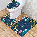 IUBBKI Badezimmermatte, Badezimmer-Antirutschmatte, Cartoon-Unterwasser-Meerestier, tiefer Ozean, Seestern, Schildkröte, Blau, Badematten-Set, 3-teilig, saugfähig, rutschfest, WC-Vorleger, Badteppich