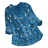 Leinenshirt Damen Leicht floryday Shirt Shorts Damen Schlafen Lässige Ärmelbluse Größe Lose Blumen Lange Frauen Plus Print V-Ausschnitt Top Shirt Damenbluse Outfit Damen Shirt