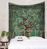 Popular Handicrafts Wandteppich Queen Tree of Life Hippie Batikfärbung psychedelischer Wandbehang – Indische Maditation Gypsy Bohemian Hippie Wohnheim Raumdekoration Grün 200 x 224 cm