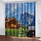 Vorhänge Blickdicht Schlafzimmer Wohnzimmer - 2Er Set Modern Vorhang Mit Ösen 200X160cm (BxH) 3D Bergvillenlandschaft Muster Druck Verdunkelungs Gardinen Kinderzimmer Schallschutz Thermovorhang