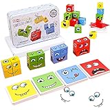 Ausdruck Holzwürfel Puzzle, Spiel Puzzle Bauwürfel,Bunte Zauberwürfel Baustein Spielzeug Set,Interaktives Emoji Holzwürfel Puzzle,Pädagogisches Montessori Spielzeug für Kinder Ab 3 Jahren(Rechteck)