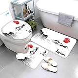 Japan Badteppiche Set 3 Teilig Mikrofaser Badvorleger Tuschemalerei Rutschfestt Waschbar Badematte U-FöRmiger Wc-Vorlegermit Deckelbezug FüR Badewanne Dusche Badezimmer 50x80