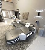 Ledersofa Prato L Form Sofa - mit LED Beleuchtung, verstellbare Kopfstützen, Recamiere/Lederfarben wählbar/Ausrichtung wählbar (Ottomane rechts, Grau-Weiß)