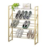 Schuhregal Gold Schuhregal, 3/4/5-stöckiges Schuhregal aus Metall mit Holzplatte, robuster Schuhturm für Eingangsbereich, Schrank, Hausflur, Garage, strapazierfähige, schnell montierbare GOL
