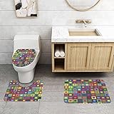 Badmatten-Set 3-Teilig Atmungsaktiv rutschfest,Geometrische Zusammensetzung der karierten regenbogenfarbenen geometrischen Anordnung.Grün,Badematte + Sockelmatte + Toilettensitzbezug Matte Dreiteilige