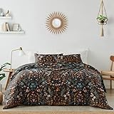 Boho Bohemian Farmhouse Schwarz und Orange Wildblumen Garten Blumen Bettbezug und Kissenbezug 2-teilig Twin Size Bettwäsche-Set Schlafzimmer Ästhetisch botanisch Cottagecore Blumendruck Vintage