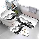 3 Teilig Badematten Set Japan-Turm Flauschige Mikrofaser Wohnzimmer Badezimmerteppich Tuschemalerei rutschfeste Waschbar Badteppich U FöRmiger Konturteppich Toilettendeckel 40x60