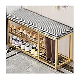 KRIVS Storage Rack Organizer with Cushion 2 Tier Shoe Rack with Metal Frame Small Shoe Organiser with Storage Space for Entryway Bedroom Hallway (Color: Gold+Brown, Size: 80 x 32 x 48cm)