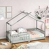 Linunity Kinderbett Hausbett, Holzbett mit Zaun und Lattenrost, Kinderbett mit Rausfallschutz, Stabiles Spielbet mit Dach ohne Matraze - 90x200cm(Grau)