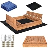 SPRINGOS Sandkasten mit Sitzbänken 120 x 120 cm Extra Vlies für Sandkästen und Abdeckplane Imprägniertes Holz Kinder- Spielplatz