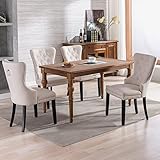 HomeTouch Samt Esszimmerstühle 6er Set mit Eichenbeinen, Knopf, Chromklopfer und Nagelkopfbesatz Schlafzimmerstuhl Küchenstuhl Wohnzimmer Lounge Freizeitstuhl (4, Beige)