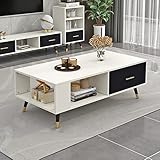 Rechteckiger Couchtisch mit Stauraum, Wohnzimmer-Mitteltisch mit geschlossenen Schubladen und offenen Regalen, moderner Sofatisch mit Beinen aus Massivholz für kleine Räume im Apartment-Wohn