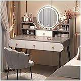 ZTGL Modern Schminktische 100cm, Make-up-Set mit beleuchtetem Spiegel, Schminktisch mit Aufbewahrungsregalen, Gepolsterter Hocker, Schlafzimmer-Schminktisch für Frauen und Mädchen,Grau