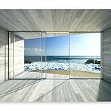 murando Fototapete selbstklebend Meer Fenster 294x210 cm Tapete Wandtapete Klebefolie Dekorfolie Tapetenfolie Wand Dekoration Wandaufkleber Wohnzimmer See Natur Landschaft 3D Holz c-A-0084-a-c