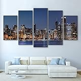 Targawerelax Leinwanddruck Leinwand Wandkunst Bilder Drucke Wohnzimmer Dekor 5 Stück Fluss Stadtbild Gemälde Stadt Nachtlandschaft Poster 150x80cm