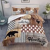 AILONEN Hirschgeweih-Bettwäsche-Set, Queen-Size-Größe mit Bärenprofil, Schattierung, Bettwäsche-Set für Teenager, Jungen, Mädchen, Holz, geometrischer Stil, 3-teilig, 1 Steppdecke und 2 Kissenbezüge