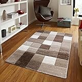Herzgewebt Merinos Brilliance Teppich Hochwertig Modern Trendig Kariert Rechteck Braun Beige, Größe:80 x 150 cm