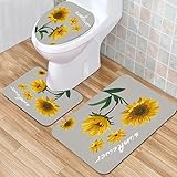 IUBBKI Badezimmermatte, rutschfeste Badematte, Sonnenblume auf Grau, Badematten-Set, 3-teilig, saugfähig, rutschfest, Badematte, WC-Vorleger, Badteppich für Badezimmer, Schlafzimmer, Küche