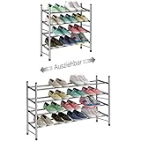 TZAMLI Ausziehbar Schuhregal mit 4 Ebenen zur Aufbewahrung von bis zu 24 Paar Schuhen, Verstellbarer stapelbarer Schuhregal-Stauraum für den Flur, 62~114 x 22 x 66 cm (Silber grau, 4 Böden)