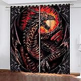 2 Stücke Thermogardine Schlafzimmer Wohnzimmer Modern Digitaldruck 3D Anime Flammenmonster Vorhang Blickdicht Kinderzaimmer Fensterdekoration, Schallschutz Verdunkelungsvorhang 150X160cm