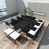 JUNZAI 11-TLG. Garten-Essgruppe mit Kissen, Gartenlounge Set, Gartenmöbel, Terrassenmöbel, Möbelsets, Sitzgruppe Garten, Balkonmöbel Set, Gartengarnitur, Poly Rattan Schwarz