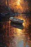 Poster-Bild 80 x 120 cm: Boot auf dem Fluss im Herbst. Digitale Malerei eines Bootes auf dem Fluss. (204053452)