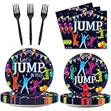 OBUSATT 96 Stück Jump Birthday Party Supplies Lets Jump Teller Trampolin Party Pappteller Springen Thema Geburtstagsteller und Servietten Babyparty Pappteller Servietten Gabeln für 24 Gäste