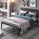 YITAHOME Voller Bettrahmen mit gepolstertem Kopfteil, Plattformbettrahmen mit Metalllatten, diamantgenähtes quadratisches Kopfteil, verstellbare Höhe, kein Boxspring erforderlich, Full
