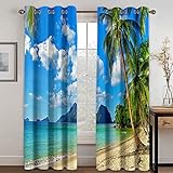 Verdunklungsvorhänge Kinderzimmer 3D Blauer Himmel Weiße Wolke See Mit Kokosnussbäumen Vorhang Kinderzimmer Blickdicht Gardinen Mädchen 140x160 Cm Vorhänge Für Schlafzimmer Wohnzimmer, Verdunkelung