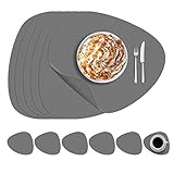 THATSRAD 6er set Tischsets mit Untersetzer Abwaschbar Tisch Setzer Set Leder Rund 41 * 34cm Platzsets Abwaschbar Grau Platzdeckchen PU Kunstleder Tellerunterlage Tischmatte für Küche Hause Restaurant