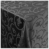 Tischdecke Damast Stoff Barock Tulpen Tischtuch Bügelarm eckig 100x100 cm in Schwarz mit umgenähtem Rand Premium Qualität