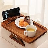 GEHE Akazienholz Couch Arm Tisch, Klappbarer Sofaarmtisch mit 360 Grad drehbarer Telefonhalterung, Holz Couch Armablage für kleine Räume, Sofatisch zum Essen und Trinken, Rückseite Anti-Rutsch-Pad