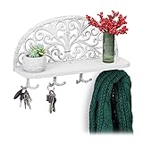 Relaxdays Wandgarderobe mit Ablage, Antik Design, 4 Doppelhaken, Schlüsselbrett, Gusseisen, HBT: 23x39x11,5 cm, weiß, 1 Stück
