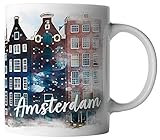 vanVerden Tasse - Hauptstadt Amsterdam Skyline Aquarell Niederlande - Architektur - durchgängig Bedruckt Städtetasse - Geschenk Kaffeetasse, Farbe:Weiß