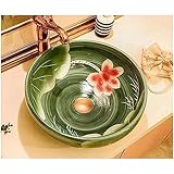 TRNL Waschbecken Blume Und Vogel Design,Aufsatzwaschbecken Jingdezhen Blume Form, Keramik Arbeitsplatte Waschbecken Für Bad(35 * 35 * 14 cm), Suit