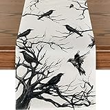 Halloween Tischläufer, Spinnennetz Tischläufer Küche Drinnen Und Draußen Party Tischdeko Dekoration Kommunion Esszimmer Abwaschbare-Krähe-33x183cm(13x72Zoll)