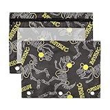 Skelett Dinosaurier Musik Schwarz 3 Ring Binder Bleistift Pouch 2 Pack klar wasserdicht Kunststoff Federmäppchen mit Reißverschluss Kosmetiktasche Büro Dokument Organizer