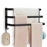Handtuchhalter Schwarz, Aluminium Handtuchstange Ohne Bohren, 3 Tier Handtuchhalter Wandmontage,Badetuchhalter Mit 2 Haken,Gästehandtuchhalter Für Bad Badezimmer Küchen Toilette,30cm