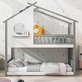 LINTAIZUO Hausbett, Etagenbett mit rechtwinkliger Leiter, Kinderbett, Platzsparendes Design, mit Fallschutz und Barriere, Rahmen aus Kiefernholz, Natur, weiß (200x90cm),Grey