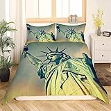 NISMIA Bettwäsche 155x220 Sommer Freiheitsstatue Bettbezüge mit Reißverschluss Weich Mikrofaser Bettbezug 3D New Yorker Gebäude Bettwäsche Set mit 2 Kissenbezüge 80×80 Teenager Junge Mädchen