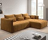 Furnix Ecksofa Yalta mit Schlaffunktion und Bettkasten - Couch L-Form Sofa mit Kissen - Stellfüße in Chromoptik - B245 x H83 x T182 cm, Liegefläche: 147 x 232 cm - MH48 (Gold-Braun)