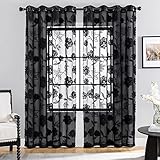 Treatmentex Spitze Vorhang Jacquard Gardinen mit Ösen Schwarze 3D Blumenmuster Halbtransparente Vorhänge Vintage Romantisch Dekoschal Ösenvorhänge für Mädchenzimmer Wohnzimmer,2 Stücke,140×180CM(B×H)