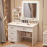 CLoxks Frisiertisch, Schminktisch mit Spiegel und Hocker und Beleuchtung, Touchscreen-hd-Spiegel (3 Helligkeiten), Schminktisch mit 4 Schubladen für Damen und Mädchen, Schlafzimmer, Weiß