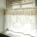 LNGFSH Scheibengardine Voile Bistrogardine mit Blumen-Stickerei Muster Transparente Gardine Küche Wohnzummer Landhausstil Weiß Beige 1er Pack